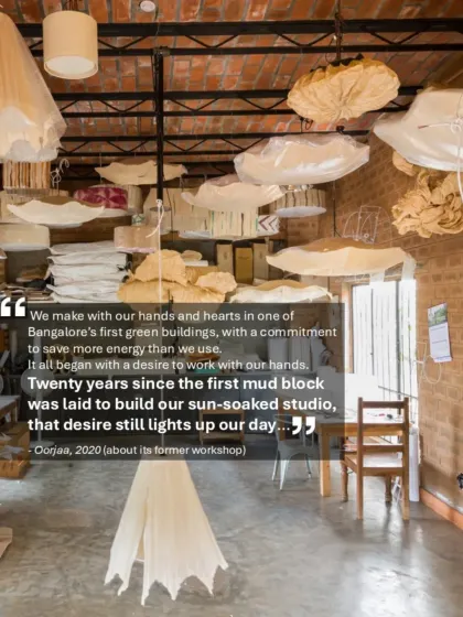A quote from the founder of Oorjaa, a paper-making studio we designed, reflecting on two decades in one of Bangalore's first green buildings. The space, with its sun-soaked interiors and exposed brick, was designed to foster creativity and sustainable practice.