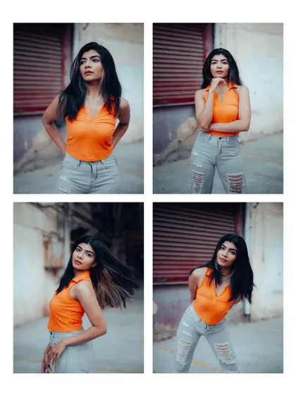 A collage of four street style portraits. This format is great for showing a range of poses and expressions from a single shoot, perfect for a model's portfolio.