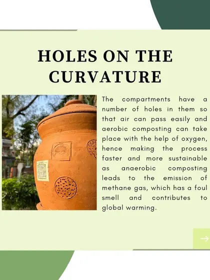 The small holes along the curvature of each pot are essential for proper aeration. They allow oxygen to flow through the compost, facilitating a faster, aerobic decomposition process and preventing the foul smells associated with anaerobic breakdown.
