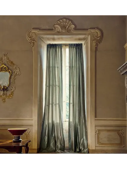 The right drapery completes a room. This evocative silk taffeta from Zimmer & Rohde transforms an interior into a sophisticated oasis, with an elegant iridescent sheen that highlights the expressive beauty of the silk, available in 15 exquisite colorways.