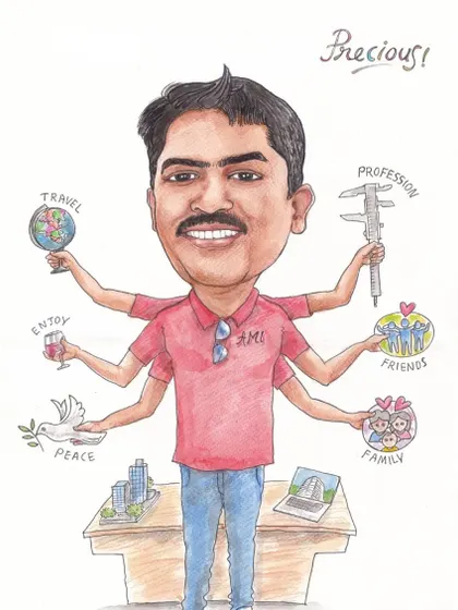 A close-up of the 'multitasking' man caricature, showcasing the detailed watercolor work.