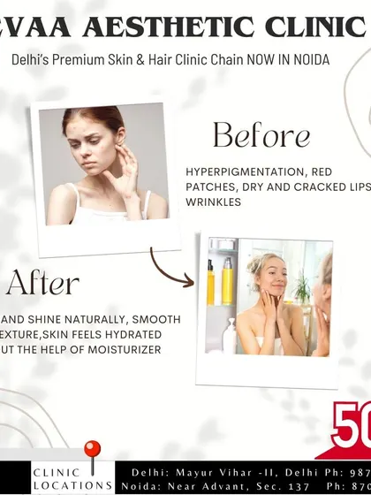 An example of our comprehensive approach to skin health. This image shows the improvement from pre-treatment concerns like hyperpigmentation and dryness to a post-treatment glow with smooth, hydrated skin.