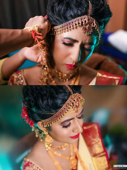 A collage showing the intricate process of the bride getting her traditional headpiece adjusted.