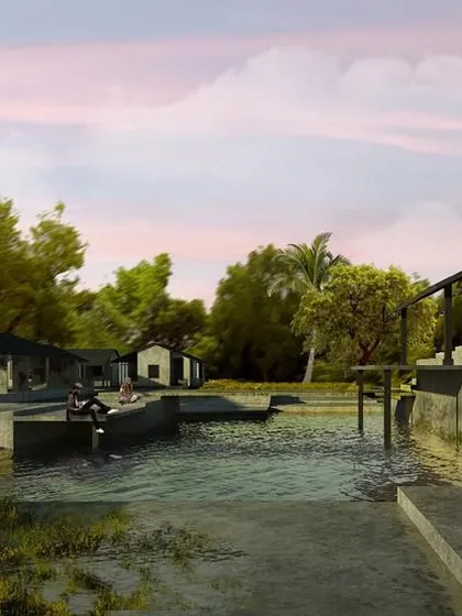 Another view of 'Project Awas,' showing how the different structures are placed around the natural water channel. The project is conceived as a community space that fosters a deep connection between art, architecture, and nature.