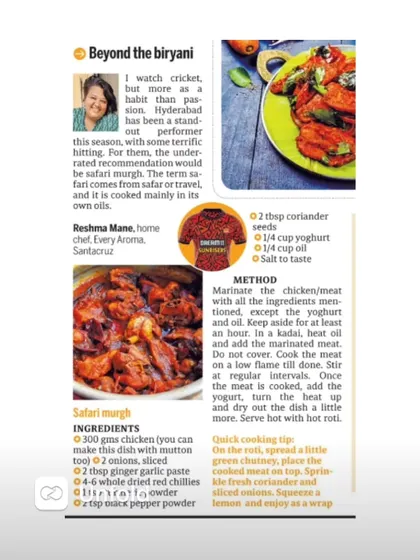 My recipe for Safari Murg was featured in Mid-day. It's a fantastic one-pot dish inspired by the food of travellers in Hyderabad.