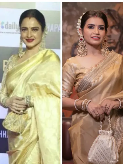 Another comparison shot, showing our interpretation of Rekha ji's classic pose and style.