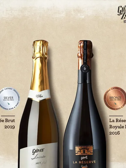 Our sparkling wines are consistently recognized for their quality. Here, our Soirée Brut and La Réserve Royale Brut showcase their silver and bronze medals.