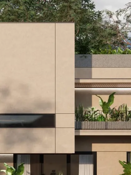 A close-up of the balcony design for the 40x40 plot concept, where planters are integrated into the architecture to create a living, breathing facade.
