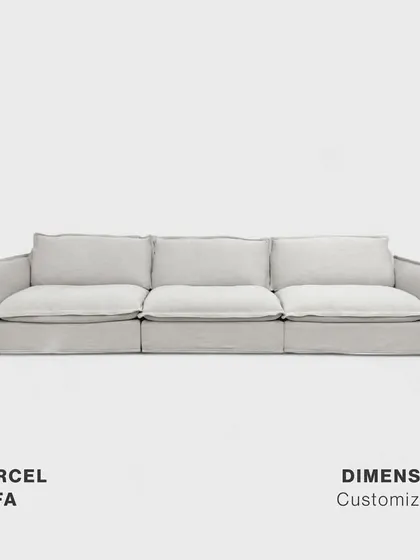 The Marcel Sofa, presented with its dimensions, is designed for effortless style and customizable comfort. Its sleek silhouette and plush seating make it the perfect centerpiece for unwinding and connecting with loved ones.