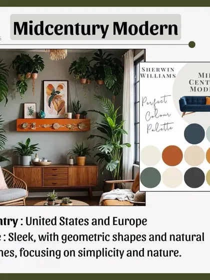 Midcentury Modern style, born in the US and Europe, is known for its sleek lines and geometric shapes. It emphasizes simplicity, functionality, and a connection to nature through the use of natural wood finishes.