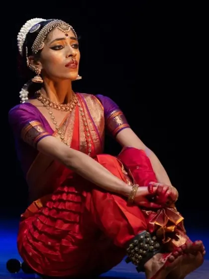 The eternal longing. This reclining pose from my solo 'Abhilasha' captures a moment of pensive waiting for Krishna. It shows how I use the entire body to convey a state of mind, creating a powerful, poetic image of 'viraha' or separation.