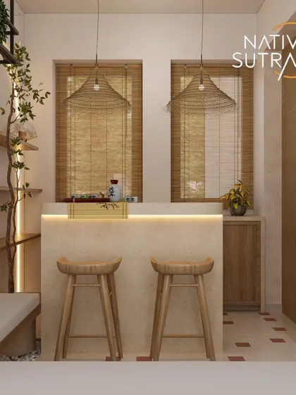 A modern, tranquil, and timeless home bar with a Japandi-inspired aesthetic. The design uses natural wood, bamboo blinds, and soft, ambient lighting to create a serene sanctuary for entertaining or unwinding.