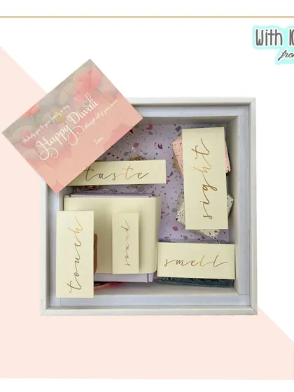 Here is a glimpse of the '5 Senses' hamper put together in a lovely pink and white theme. I can customize the color palette to match your preference.