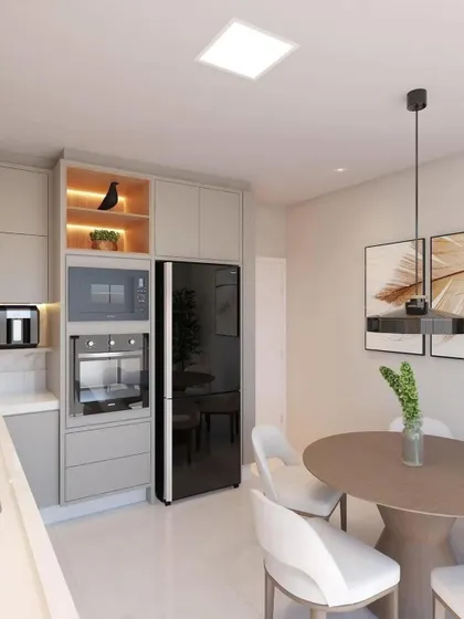 This 3D render showcases a compact kitchen and dining area. The design features a tall unit with an integrated oven and microwave, maximizing vertical space and maintaining a clean look.
