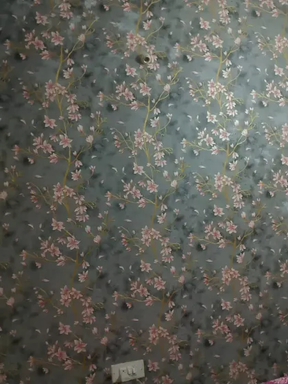 A beautiful floral wallpaper with pink cherry blossoms on a grey background. It adds a soft, romantic touch to the room.