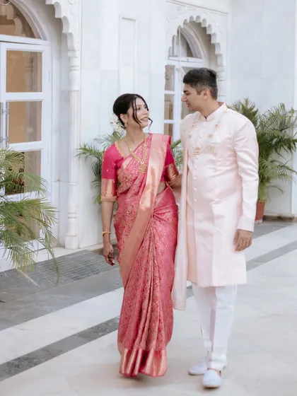 Walking together into their future. The drapes are styled to look beautiful in motion.