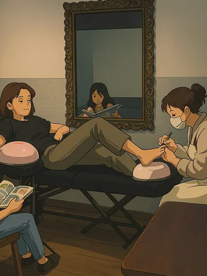 Another beautiful Ghibli-style illustration showing a relaxing pedicure session at my studio.