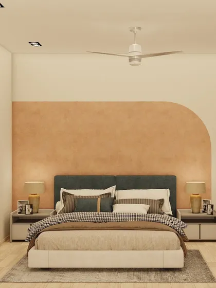 The second option for the same client uses a painted arch and textured finish to create a softer, more organic focal point. This design offers a minimalist yet warm aesthetic.