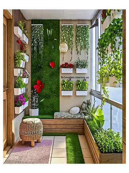 A variation of a compact green balcony, this setup shows how different plant arrangements can change the feel. The combination of a moss wall, hanging plants, and wall-mounted planters creates a full and vibrant look.
