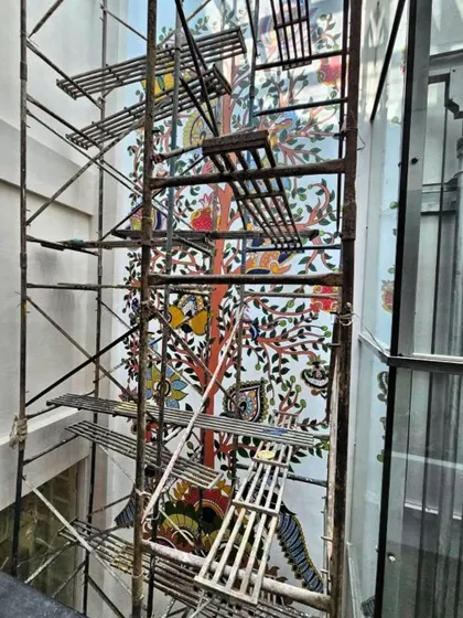 From a distance, you can see the full scale of this ambitious Kalamkari project. It was a magical experience transforming this residential space.