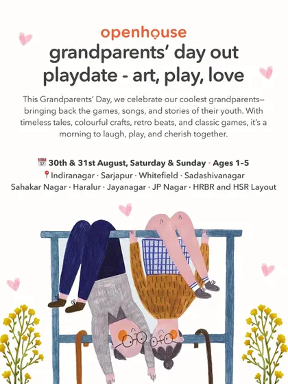 Our Grandparents' Day playdate is a celebration of art, play, and love. This poster invites families to join us for timeless tales, retro games, and classic crafts.