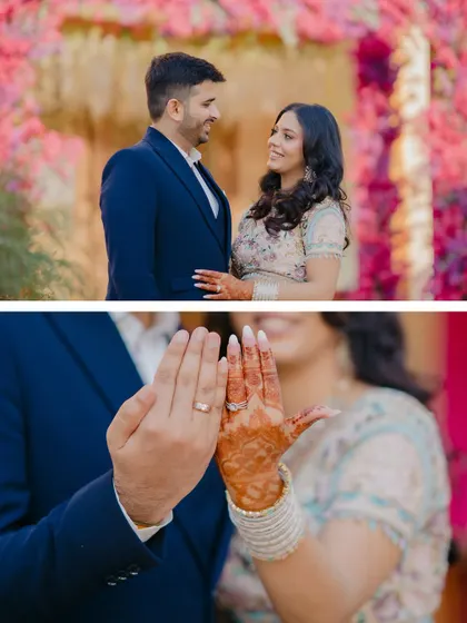 A diptych showing the couple looking at each other and a detail shot of them displaying their engagement rings. A perfect summary of their commitment.