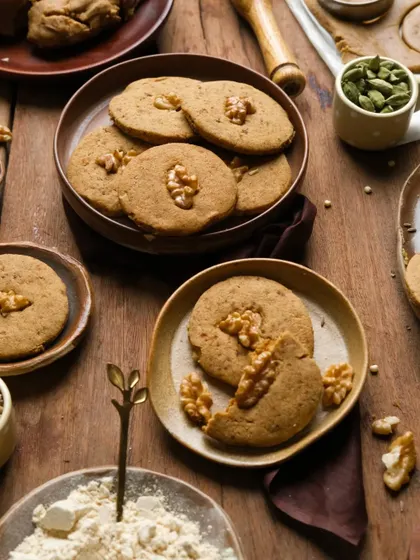 A detailed shot of a broken cookie, revealing its texture, alongside the raw ingredients.