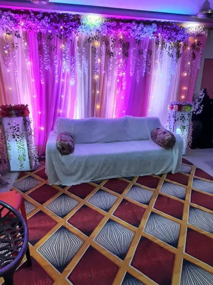 The same house party setup with purple lighting, showing how the mood can be changed instantly.