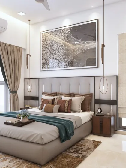A 3D design for a master bedroom, showing a large bed with a custom headboard and integrated side tables. The abstract art and pendant lights add a touch of modern luxury.