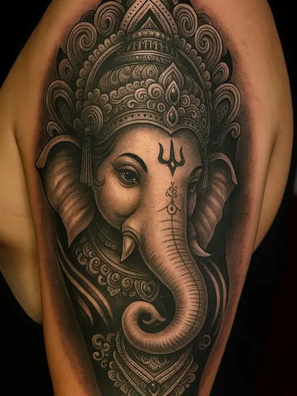 This Ganpati tattoo is designed to be a symbol of wisdom and a remover of obstacles. I created this piece with intricate details in the crown and ornaments, using smooth black and grey shading to give it a majestic, 3D look on the shoulder.