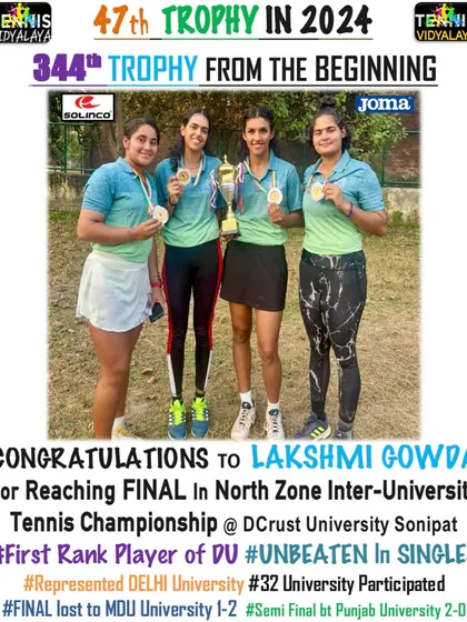 Lakshmi Gowda reaching the final in the North Zone Inter-University Tennis Championship.