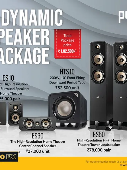 This dynamic speaker package from Polk's Signature Elite series offers a complete 5.1 setup. It includes ES50 tower speakers, ES30 center channel, ES10 surround speakers, and an HTS10 subwoofer, providing hyper-realistic sound for movies, music, and games.