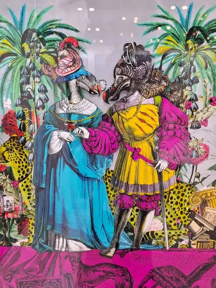 A surrealist collage by Beygumbano depicting two regal figures with bird heads, set in a lush, fantastical landscape.