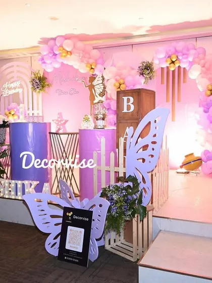 A slightly different perspective of Mishika's full birthday stage, showing how all the elements, from the backdrops to the floor props, work together.
