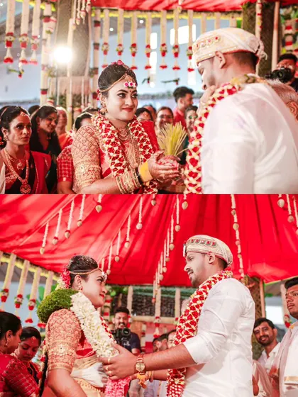 A two-panel shot capturing the bride and groom during their wedding ceremony, their expressions full of love and devotion.