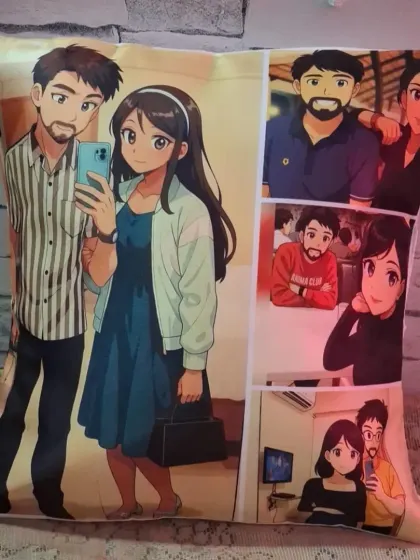 The same anime-style illustration can also be printed on a cushion, creating a unique and personal piece of home decor.