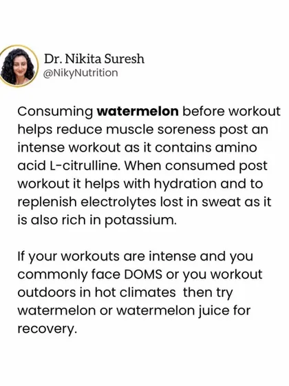 Did you know watermelon is a great pre and post workout snack? It contains L-citrulline to reduce muscle soreness and potassium to replenish electrolytes.