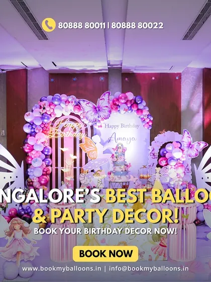 This butterfly theme for Ameya's birthday was a true fairy tale. The decor featured large, elegant butterfly wings, mushroom props, and a beautiful arch of purple and pink balloons, transforming the venue into an enchanted forest.