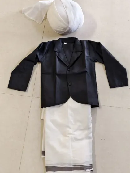 I offer a variety of costumes of national leaders for school events. This outfit, including the black coat, white veshti (dhoti), and turban, is a great choice for portraying historical figures from Tamil Nadu and India.