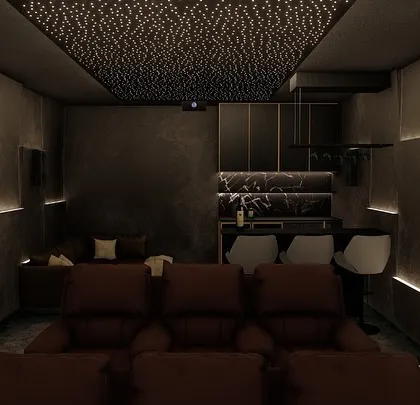 This theater design includes a stylish bar area at the back, complete with bar stools. It's a perfect setup for entertaining guests before or after a movie.