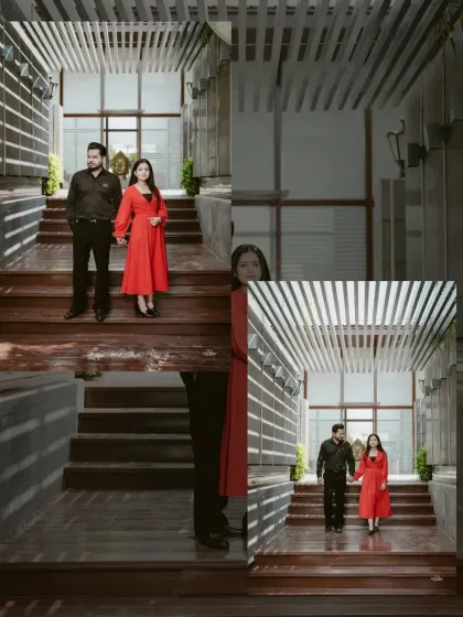 A diptych showing the couple on a modern staircase, capturing both a formal standing pose and a candid moment of them walking down together.