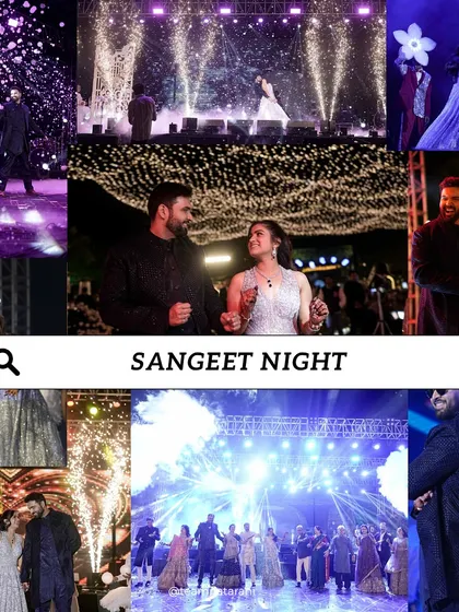 A snapshot of a sangeet night filled with incredible performances. This collage captures the energy of the couple's dance, group numbers, and the grand finale, all set on a professionally lit stage with pyrotechnics.