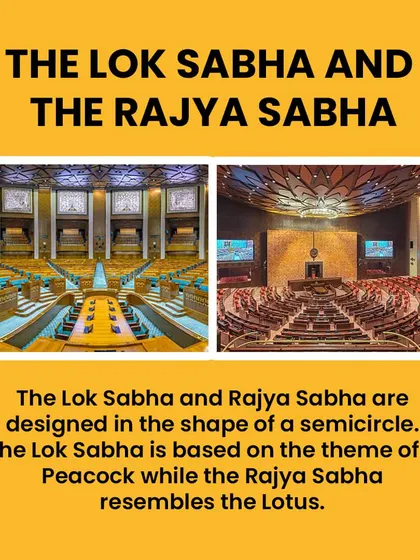 The Lok Sabha and Rajya Sabha chambers are designed in a semicircle shape. The themes are the peacock and the lotus, both of which are beautiful examples of natural symmetry and patterns.