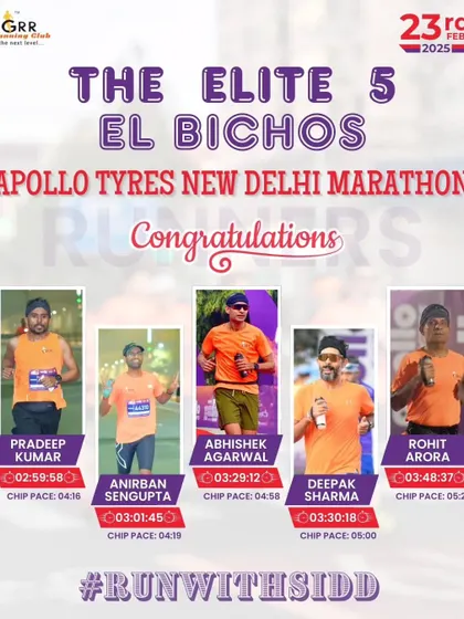 The Elite 5. Our top full marathoners at the Apollo Tyres New Delhi Marathon, all finishing between 3:00 and 3:45. This is what pure grit, speed, and endurance look like.