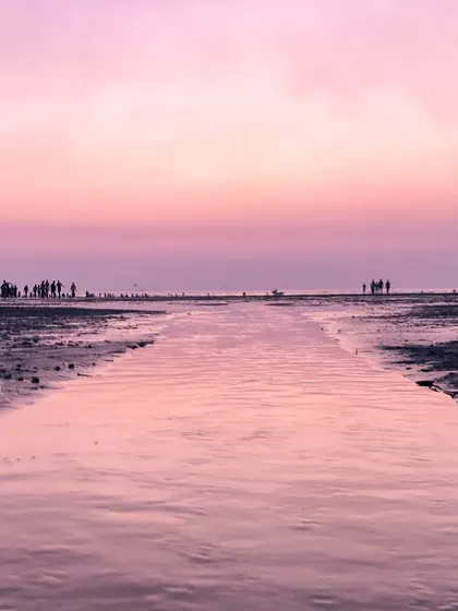 A channel of water on a Mumbai beach perfectly reflects the pink sky, leading the eye towards the people gathered at the shoreline.