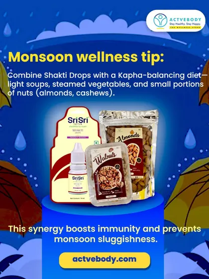 Here's my monsoon wellness tip to prevent sluggishness. This image displays a Kapha-balancing combination of Shakti Drops, almonds, and walnuts, which work together to boost immunity and keep you active on rainy days.