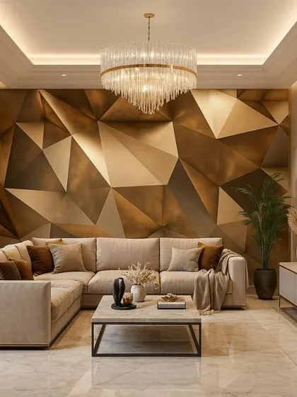 This living room features a bold geometric wallpaper with a 3D effect in shades of bronze and gold. It creates a powerful and contemporary accent wall.