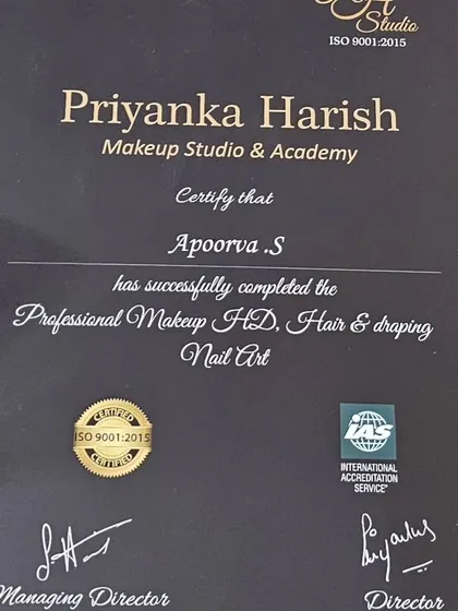 A close-up of my certificate for Professional Makeup HD, Hair & Draping, and Nail Art. I believe in continuous learning to master my passion and bring your vision to life.