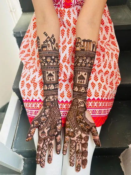 A unique storytelling design featuring windmills and cityscapes, perfect for a couple with a special connection to these places.