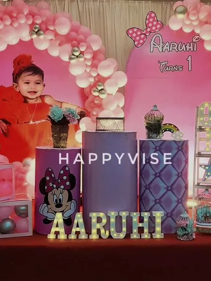 A sweet Minnie Mouse theme for Aarohi's first birthday. The heart-shaped pink balloon arch and custom backdrop with her photo make it an extra special celebration.